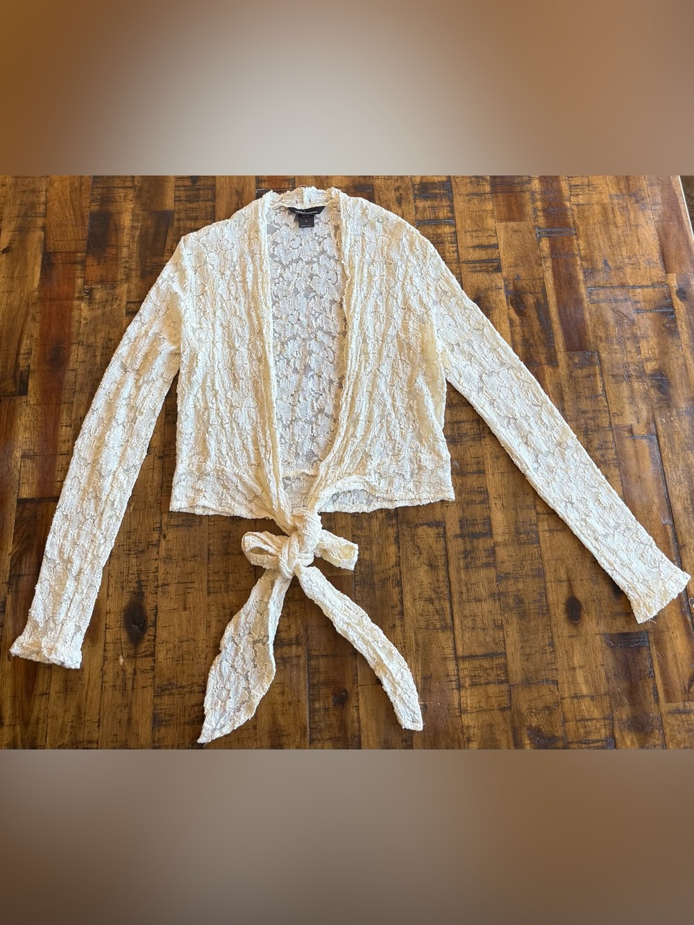 Y2K Vintage Moda International Ivory Lace Tie Front Cardigan — Small — USA - Picture 2 of 14
